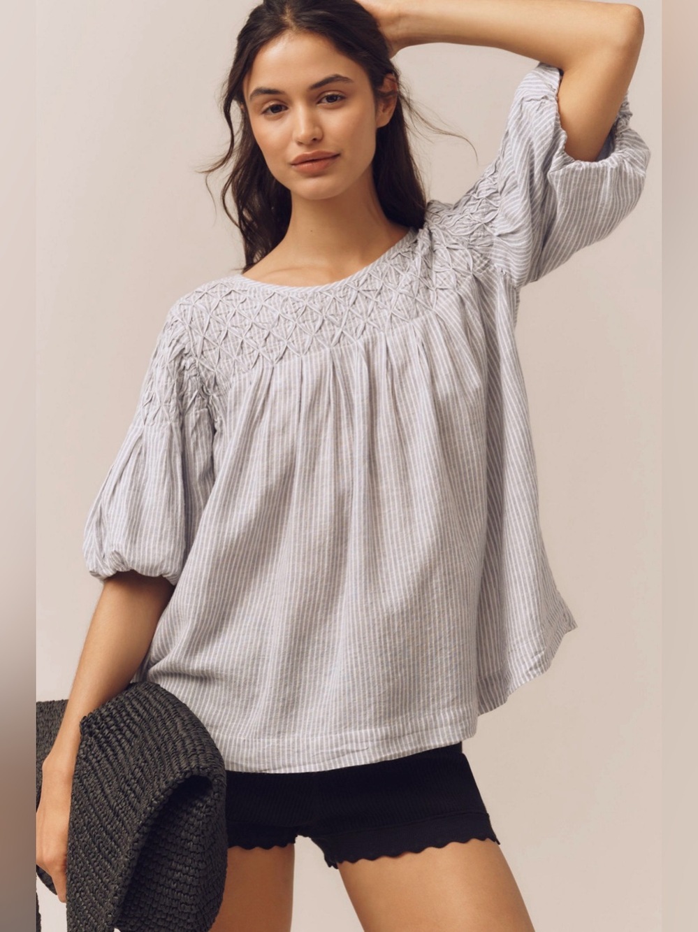 By Anthropologie Liza Puff-Sleeve - Blue/White Smocked Linen Top